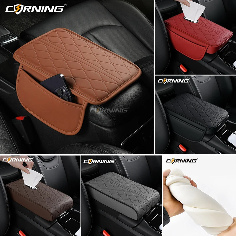 Universal Car Armrest Pad - PU Leather Memory Sponge Armrest Cushion Vehicle Center Console Cover Protector With Side Pocket