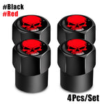 Red Skull Valve Stem Caps | 4-Pack Aluminum Alloy Tire Valve Covers for Cars, Trucks, close-up view