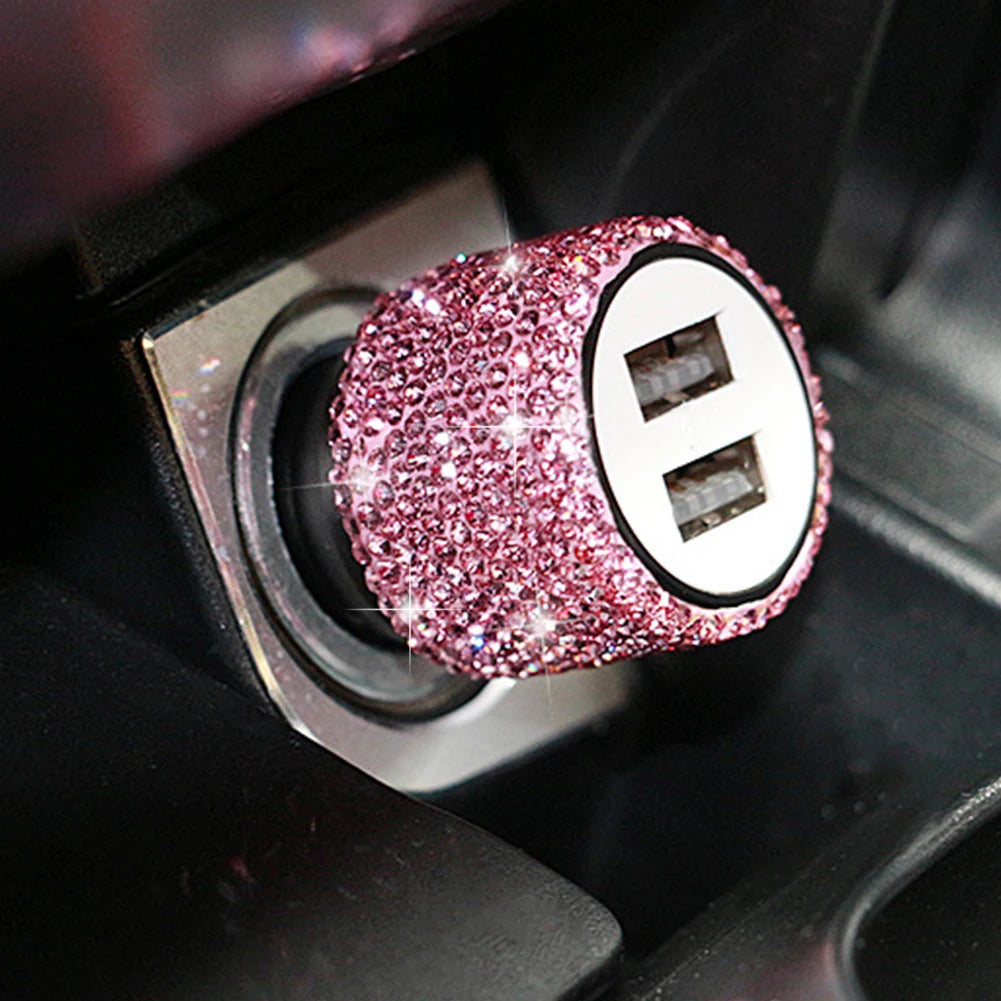 New Bling USB Car Charger 5V 2.1A Dual Port Fast Adapter Pink Car Decor Car Styling D alternate view