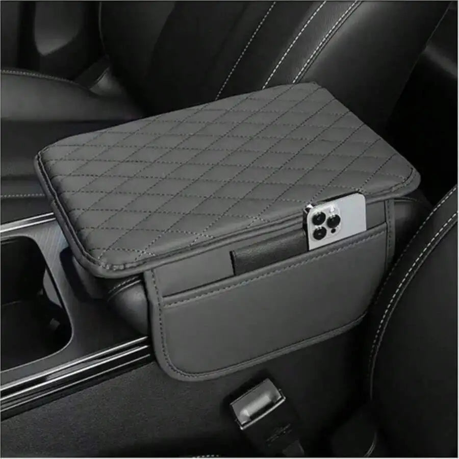 1pc Leather Car Center Console Armrest Cover Pad With 2 Storage Pockets, Universal Automotive Armrest Box Cushion