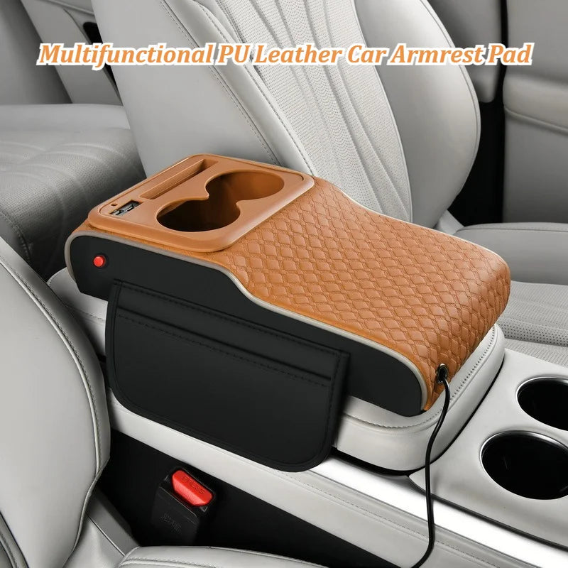 Multifunctional PU Leather Car Cup Holder Armrest Pad with Storage Pockets | Soft Comfortable Phone