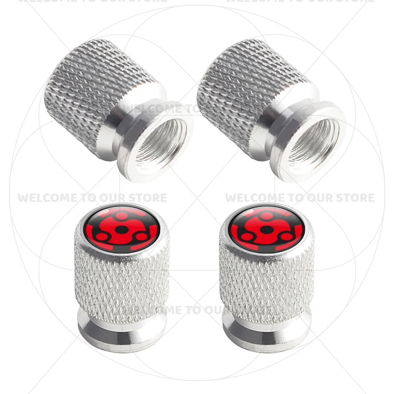 Itachi Rinnegan Sharingan Tire Valve Caps | 4pc Aluminum Anime Car Accessories close-up view