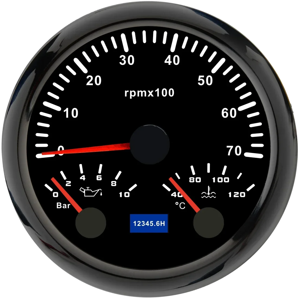 MH 85mm 3-in-1 Gauge Tachometer Water Temp Oil Pressure | 12V Car Boat 8000RPM 7 Color close-up view