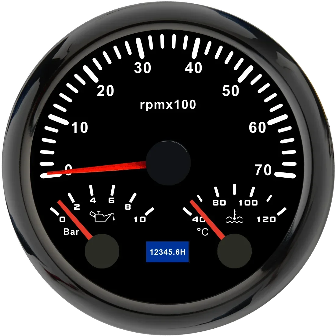 MH 85mm 3-in-1 Gauge Tachometer Water Temp Oil Pressure | 12V Car Boat 8000RPM 7 Color close-up view