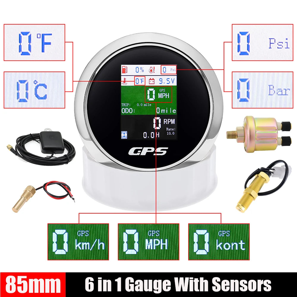 85mm 6 in 1 GPS Speedometer and Tachometer | Digital Gauge with Oil Pressure, Water Temp, Fuel Level