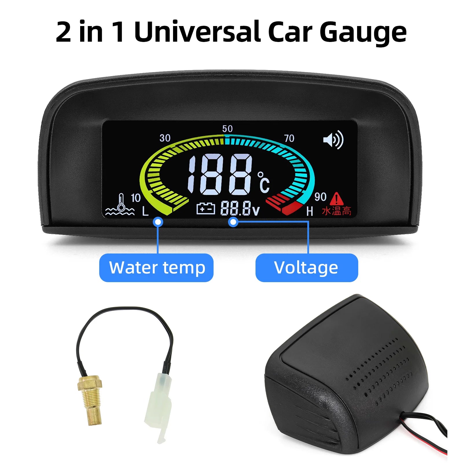 HD Universal Water Temperature Voltmeter Gauge Auto Truck Digital Car Gauge Temp Sensor 10mm 2 in 1 Horizontal Water Temp Gauge