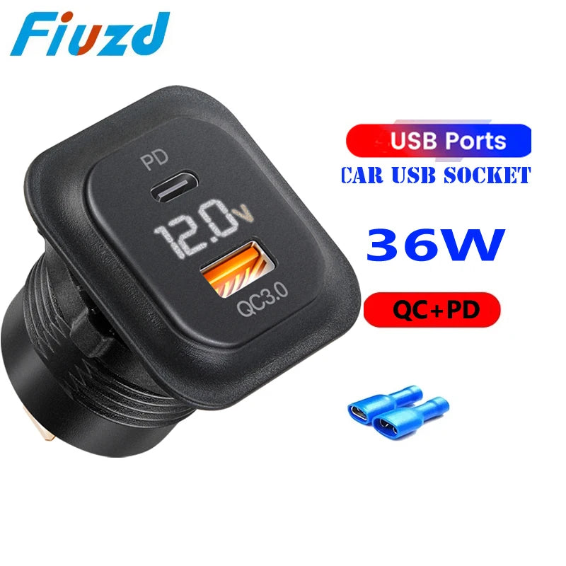 Car Charger Socket PD3.0 & QC3.0 | Dual USB C Fast Charger for Cars and Motorcycles close-up view