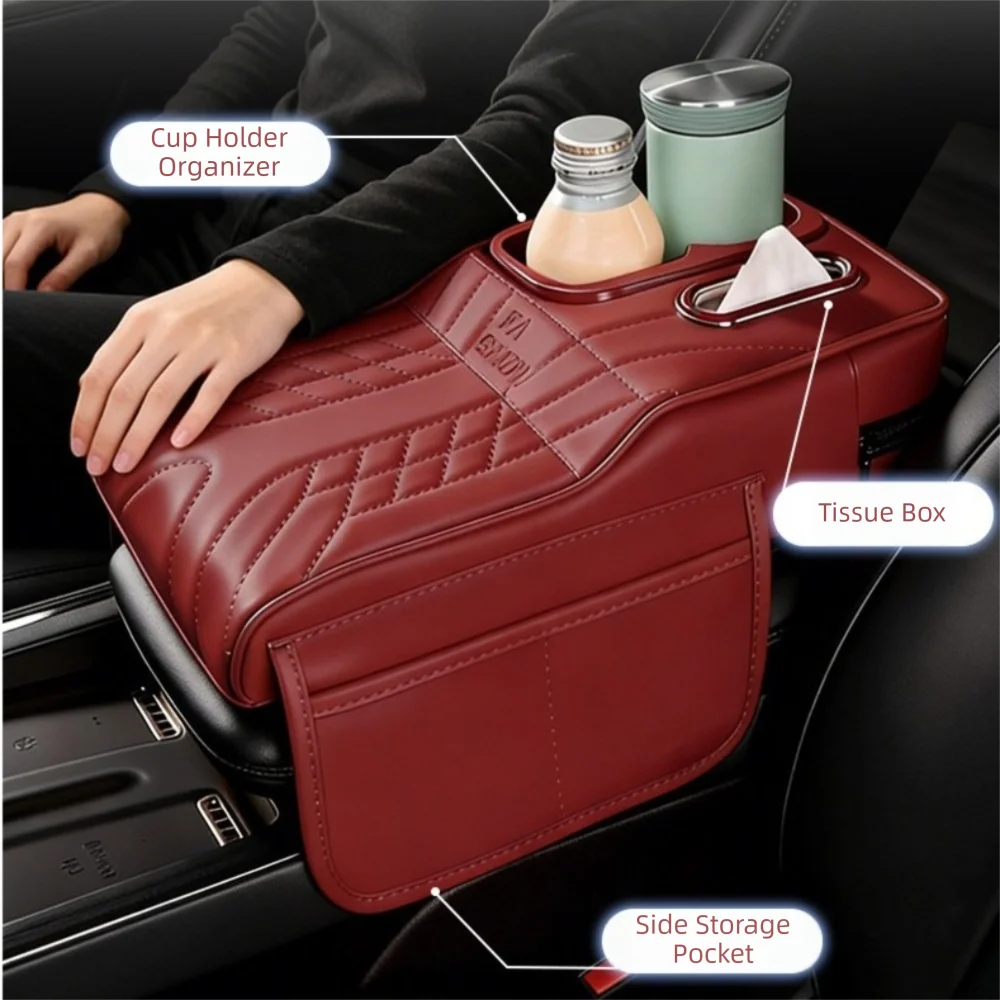 Universal Car Armrest Cushion with Tissue Box & Cup Holder, Multi-Functional Center Console Storage Organizer with Side Pocket