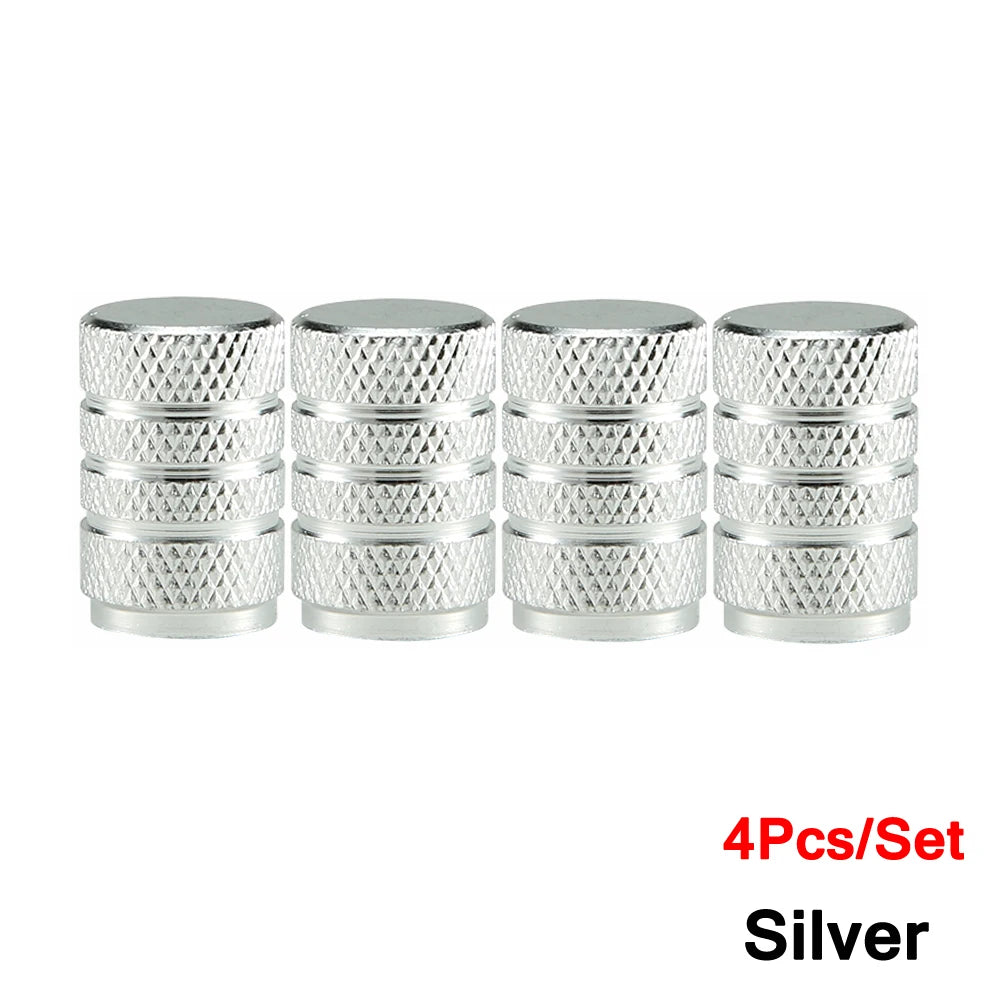 DSYCAR 4Pcs Silver Aluminum Knurling Tire Valve Stem Caps | US Schrader Compatible lifestyle view
