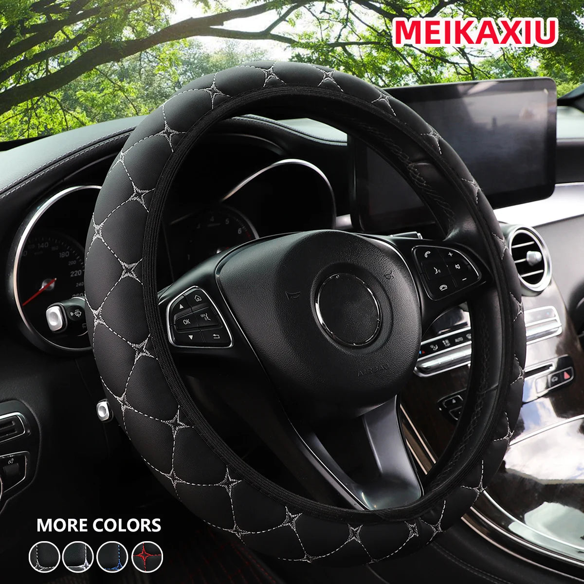 1 PU leather embroidered car steering wheel cover without inner ring fits 15 "autom additional angle