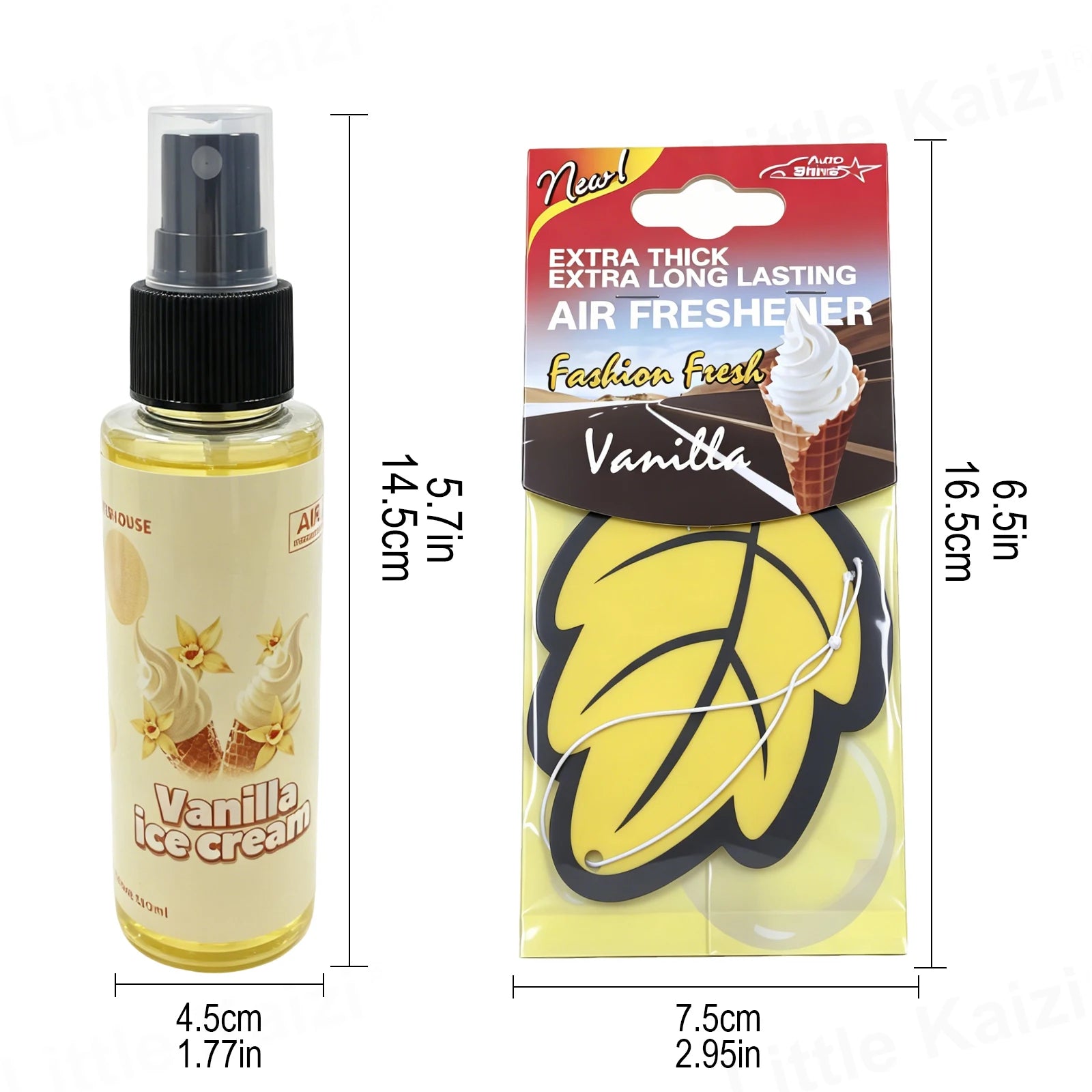 1+5 Vanilla Ice Cream Scent Air Freshener Bundle - 1 Spray + 5 Hanging Car Air Freshener Leaves, Odor Eliminator for Vehicle
