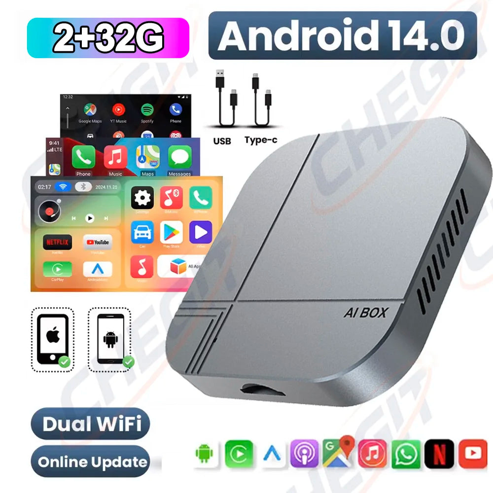 4G+64G/2G+32G Android Smart AI Box Wireless CarPlay Android Auto TV Box For Youtube Netf detail view