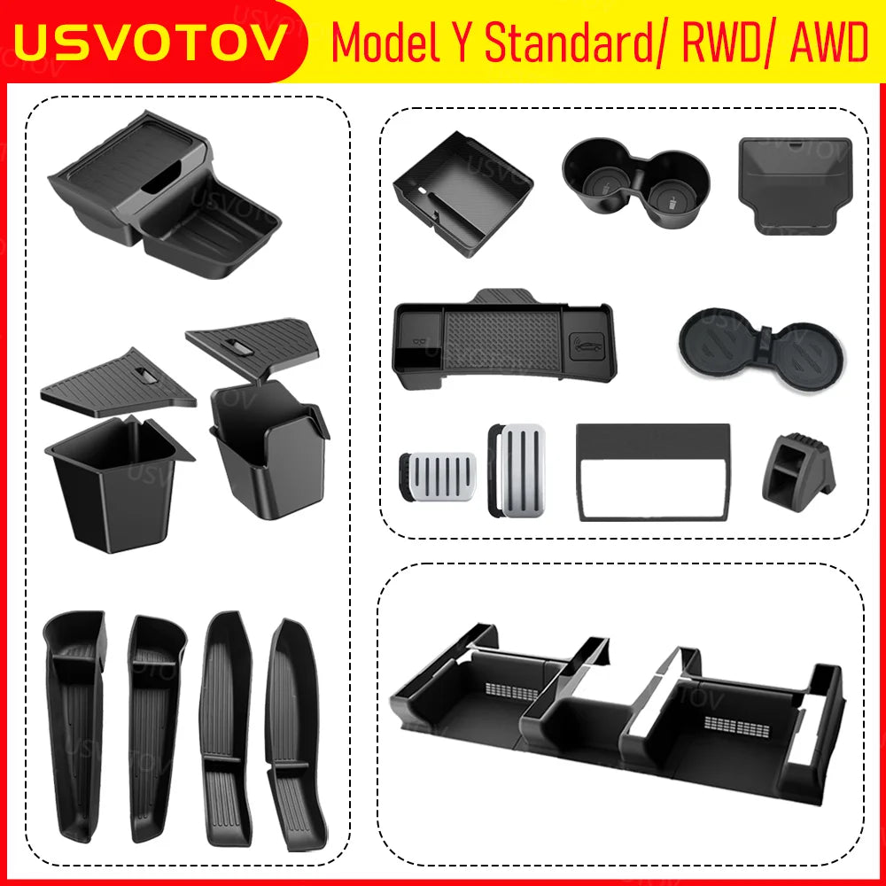 Center Console Organizer for Tesla Model Y Standard RWD 2026 Accessories Trunk Side Storage Box Cup Holder Brake Gas Pedal Cover