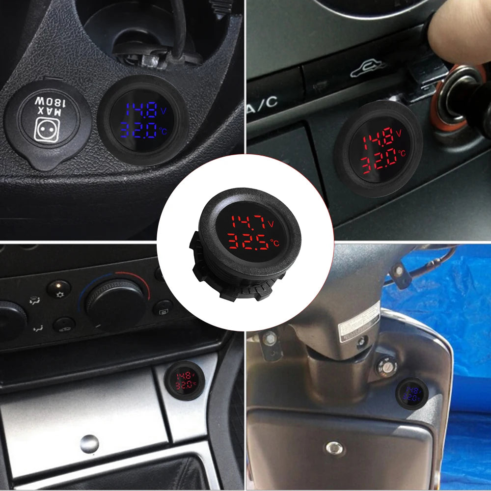 Car Round Temperature Voltmeter 12-24V Auto Voltage Meter Display Digital Measurement for Car Motorcycle Boat Thermometer