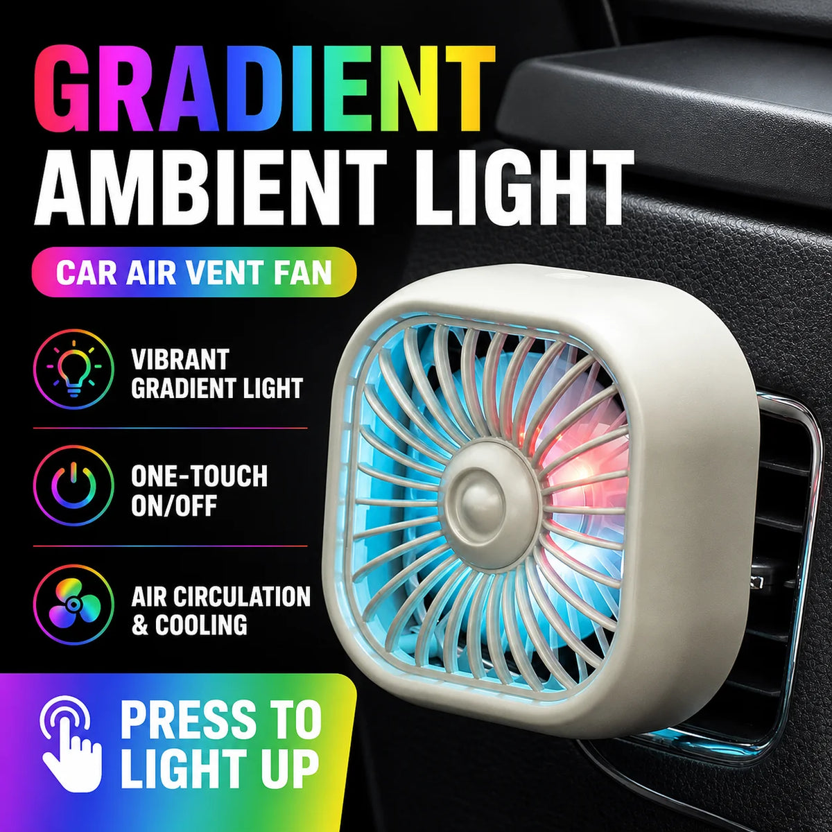 Summer New Mini USB Car Fan, 3 Speed Adjustable, Air Vent Mount with Colorful Light, Auto Cooling Fa