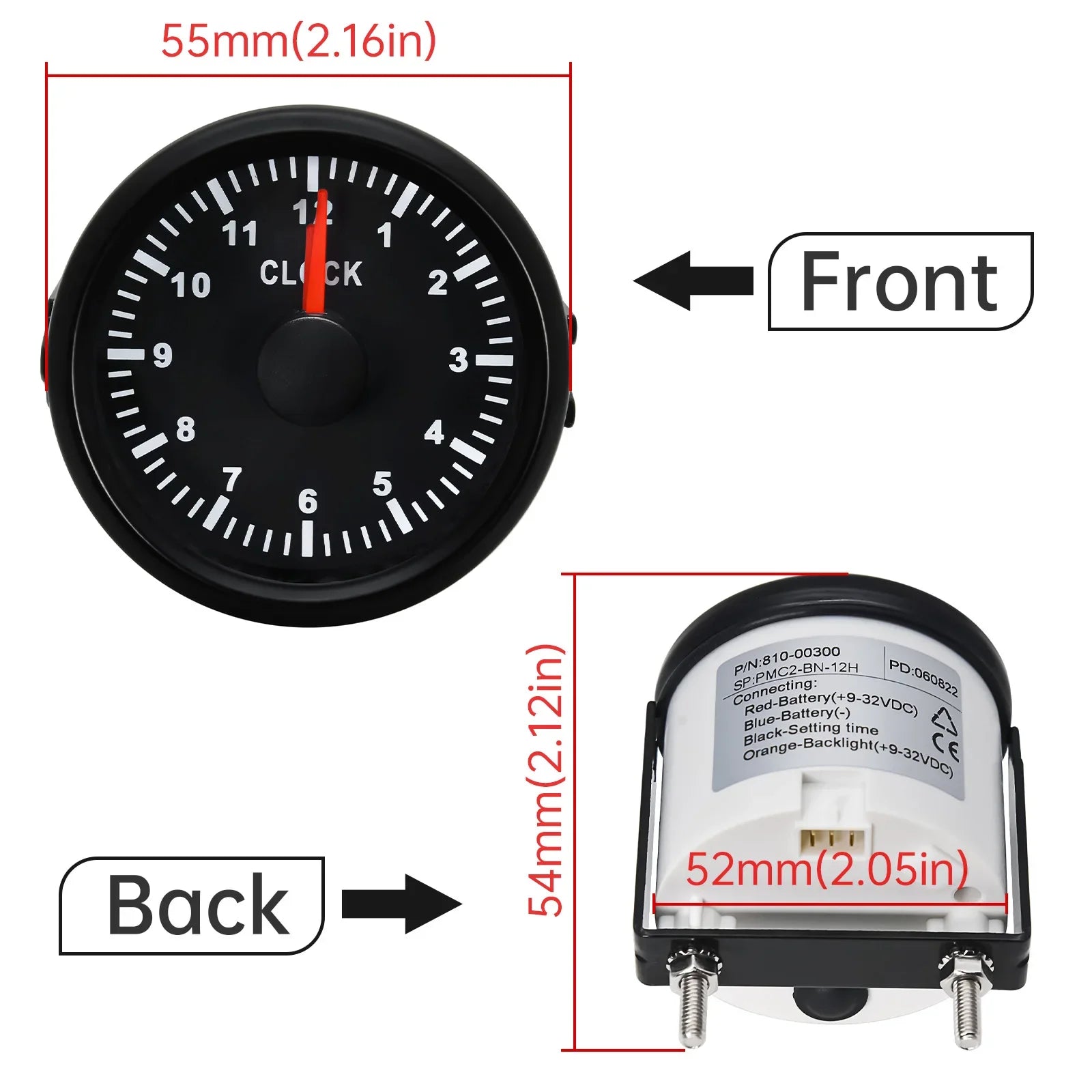 52mm Clock Gauge with Red Backlight | 0-12 Hour Meter for Car Boat Yacht additional angle