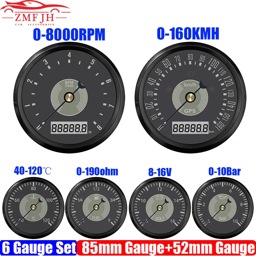 Retro 6 Gauge Set | 85mm GPS Speedometer, 8000RPM Tachometer, and 52mm Water Temp Oil alternate view