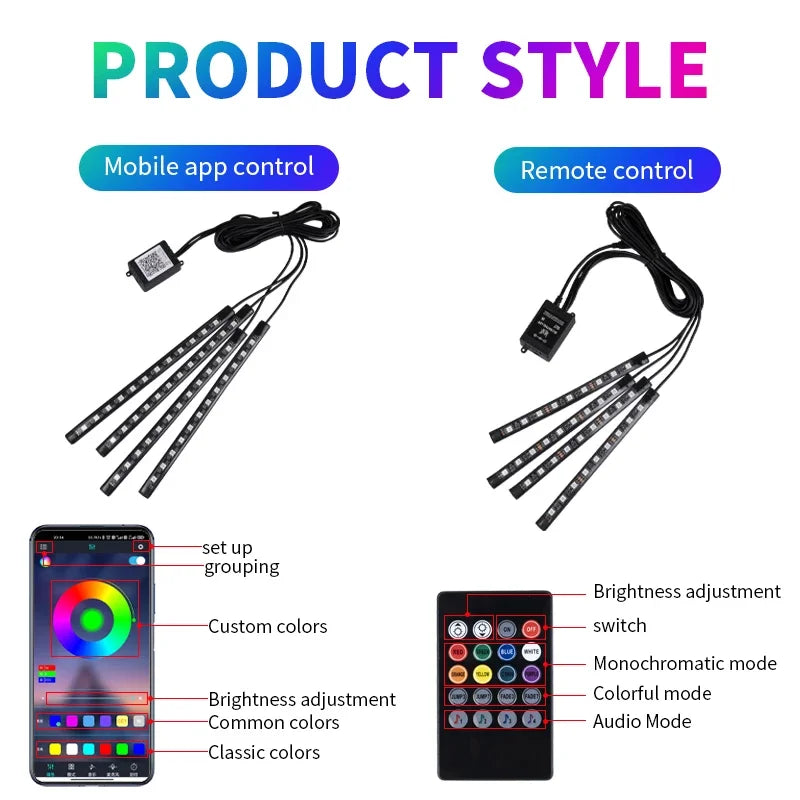 Neon LED Car Interior Ambient Foot Strip Light Kit Accessories RGB Backlight Remote A alternate view