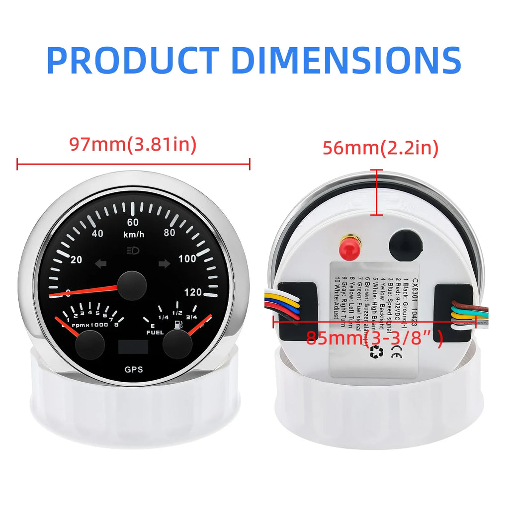 HD Customized 85MM 3 IN 1 Gauge 120kmh 120MPH GPS Speedometer Fuel Gauge Voltage Voltmeter Tachometer RPM Sesnor With Antenna