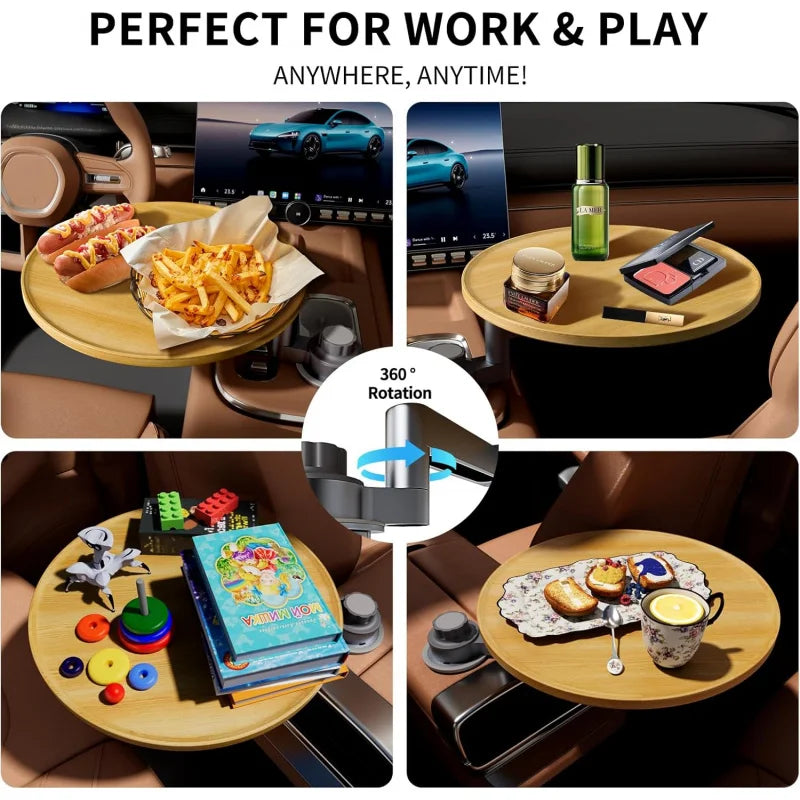 Steering wheel tray and car table - 360° Rotating Wooden Cup Holder Table,With car additional angle