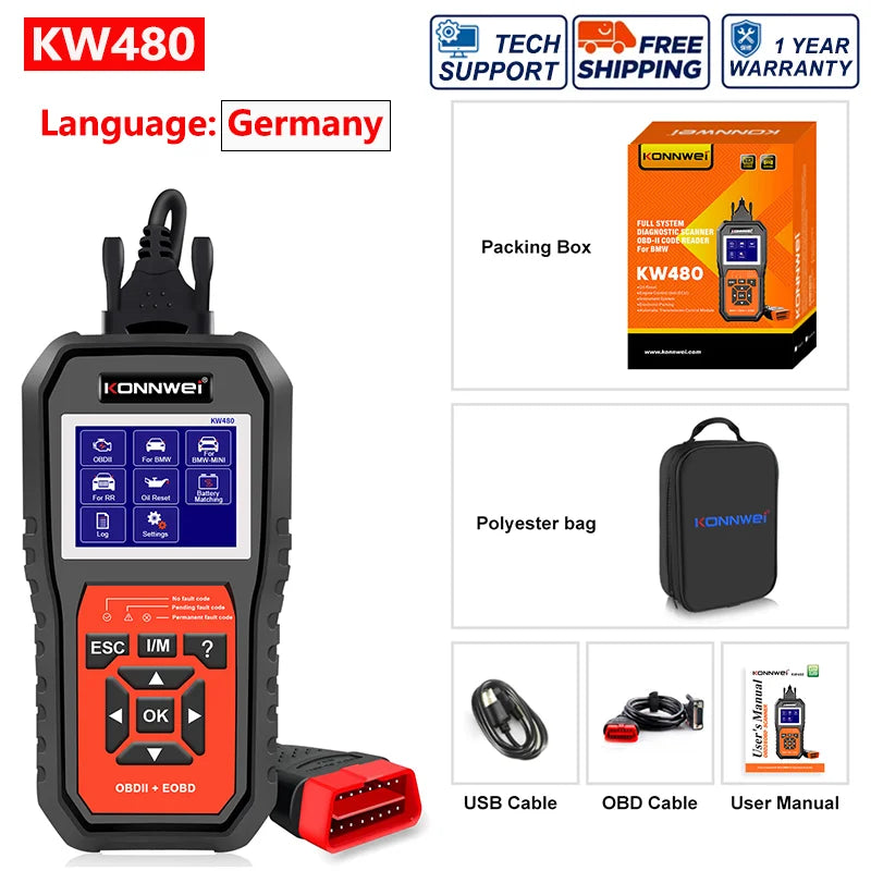 2026 KONNWEI KW480 Full System OBD2 Scanner | BMW Diagnostic Tool with Oil Reset, Airbag detail view