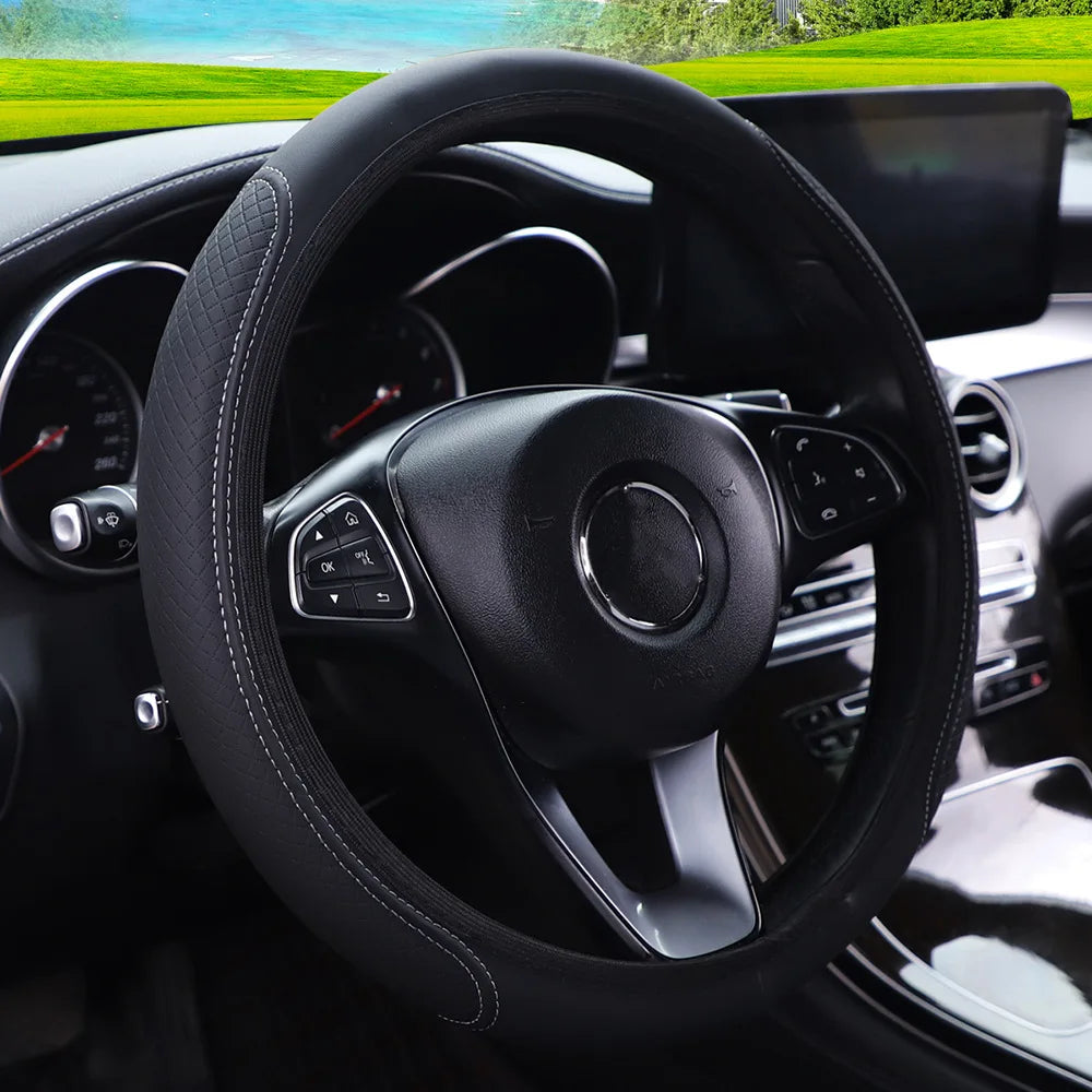 1pc Steering Wheel Cover Breathable Leather Anti Slip PU Leather Steering Covers Universal 37-38cm C