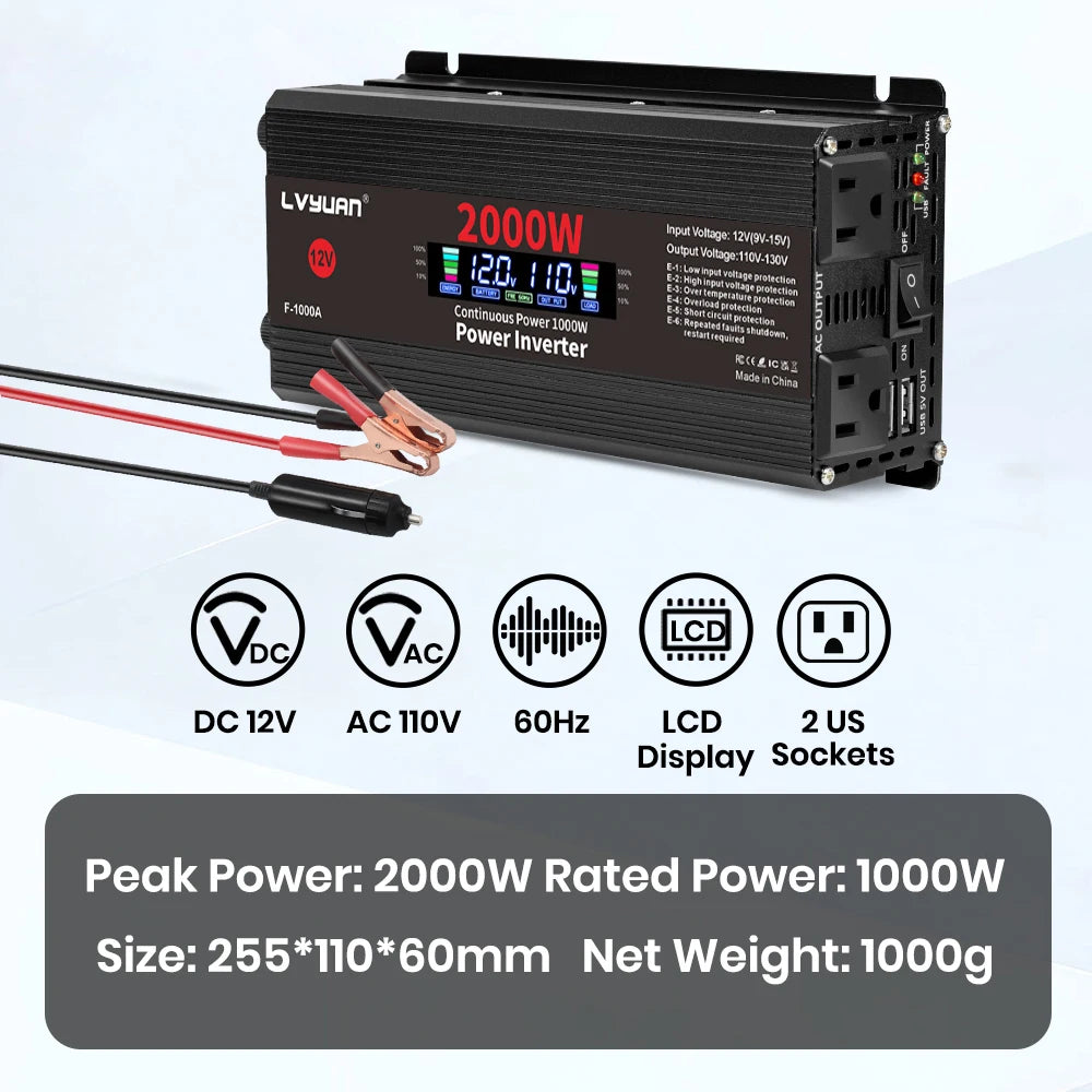 1500W/2000W/2600W DC12V to AC110V Portable Car Power Inverter Charger Converter Adapter US Socket Auto Accessories