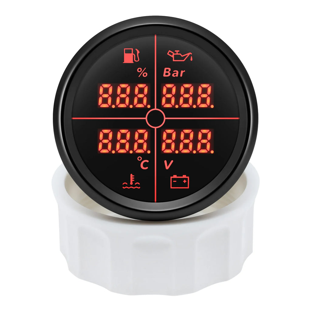 52mm 4 In 1 Multifunction Gauge Fuel Level Oil Pressure Water Temp Voltmeter with 8 Colors Backlights for Car Truck Boat Vehicle
