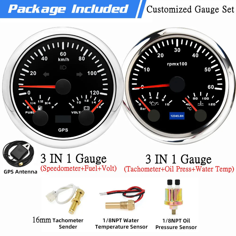 Custom 2 Gauges Set With Sensors Kit | 85mm 3-in-1 GPS Speedometer, Fuel, Tachometer, Oi detail view