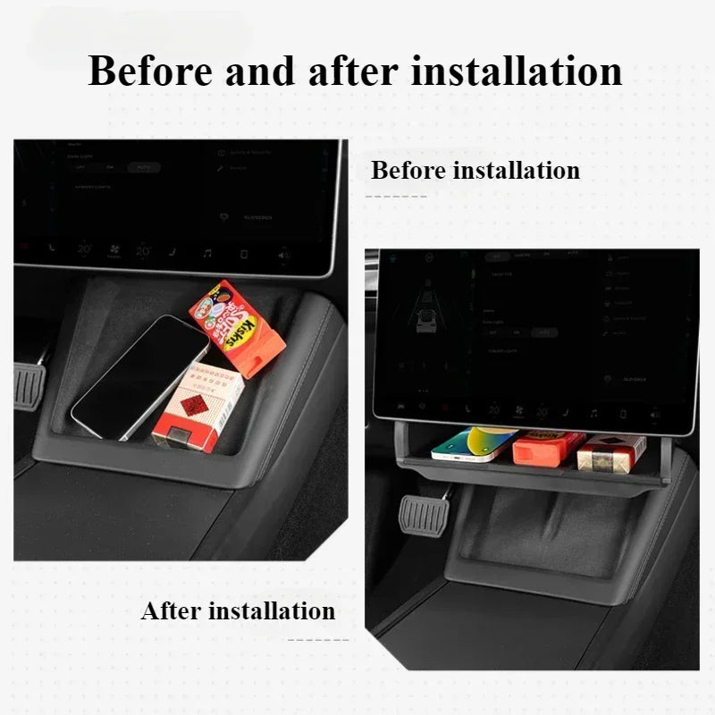 Hidden Storage Organizer Tray for Tesla Model Y Juniper and Model 3 Highland | Under lifestyle view
