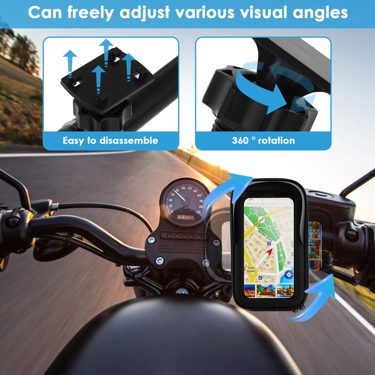 360° Rotatable Bike Phone Holder Bag Waterproof Motorcycle Handlebar Bag Bicycle Pouch close-up view