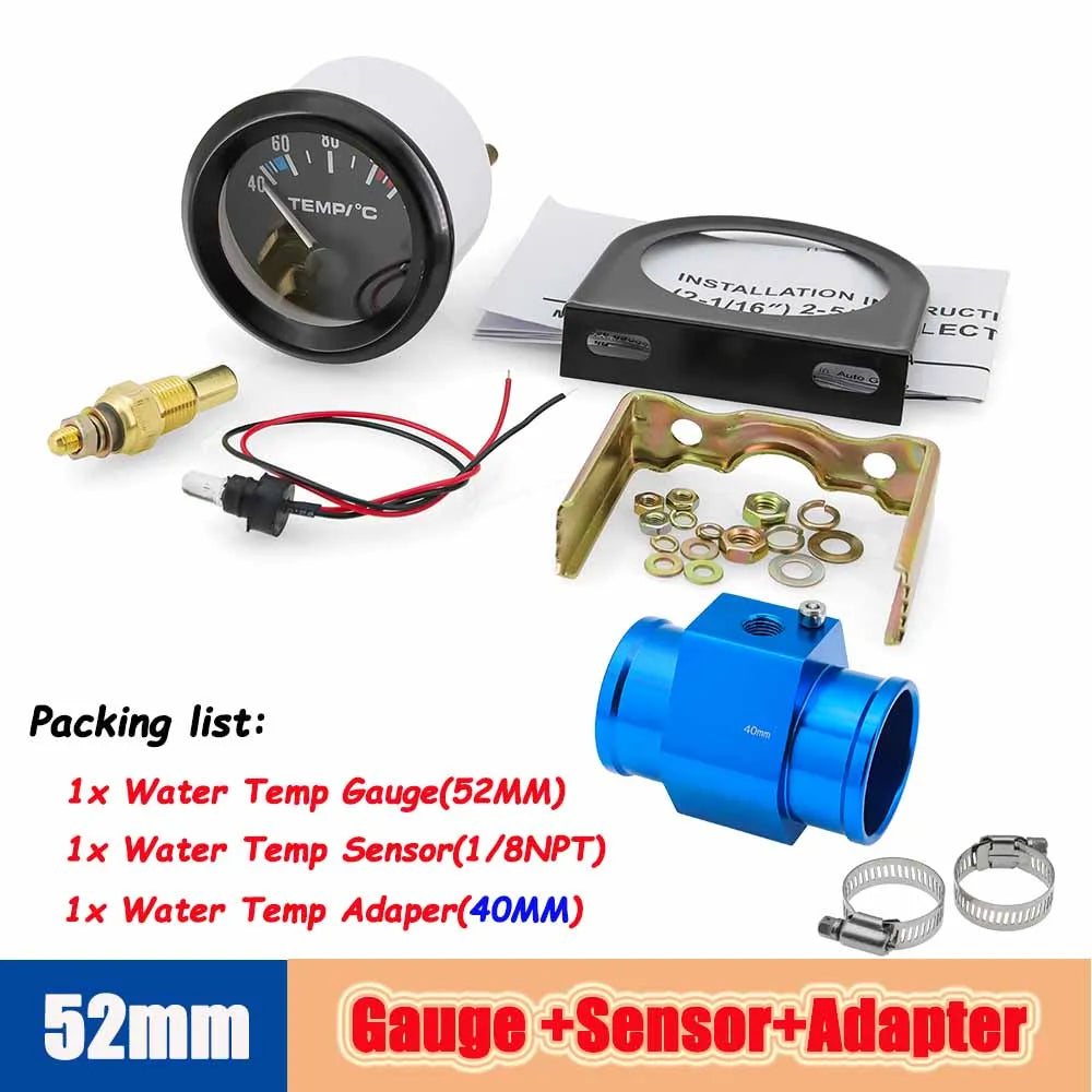 40-120 Celsius Car 52mm Water Temperature Gauge with Adaptor Joint Pipe | Racing 12V R close-up view