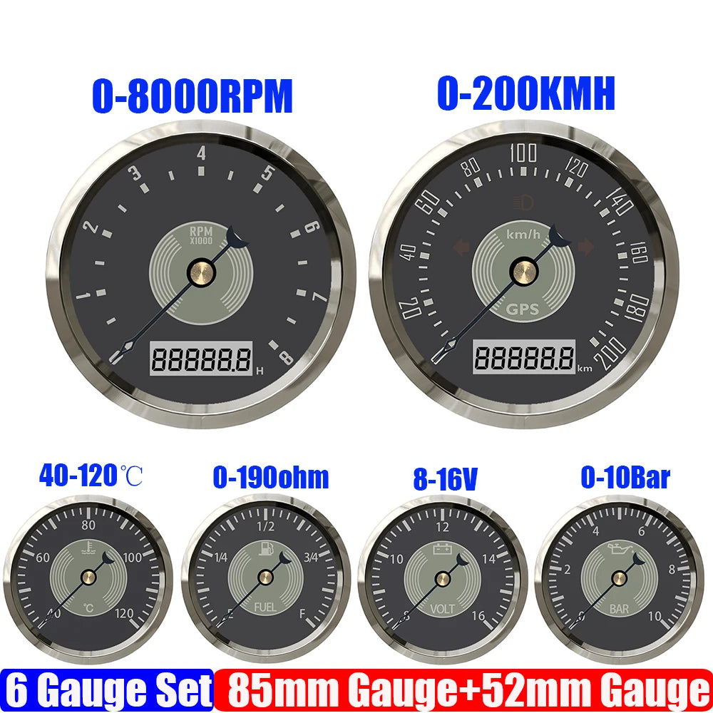 Retro 6 Gauge Set | 85mm GPS Speedometer, 8000RPM Tachometer, and 52mm Water Temp Oil Pressure Fuel