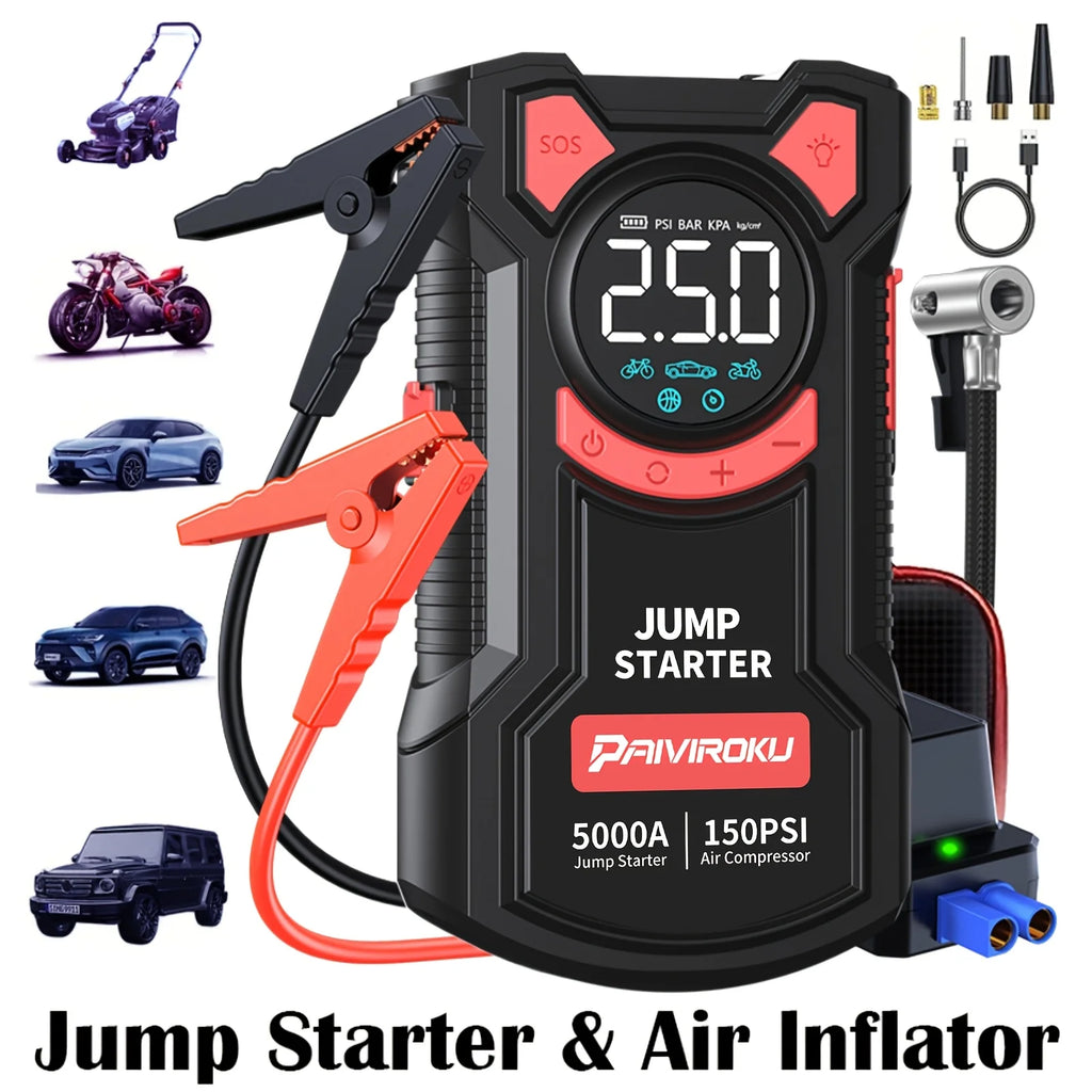 5 In 1 Jump Starter With Air Compressor | 5000A Peak 150 PSI Portable Jump Box