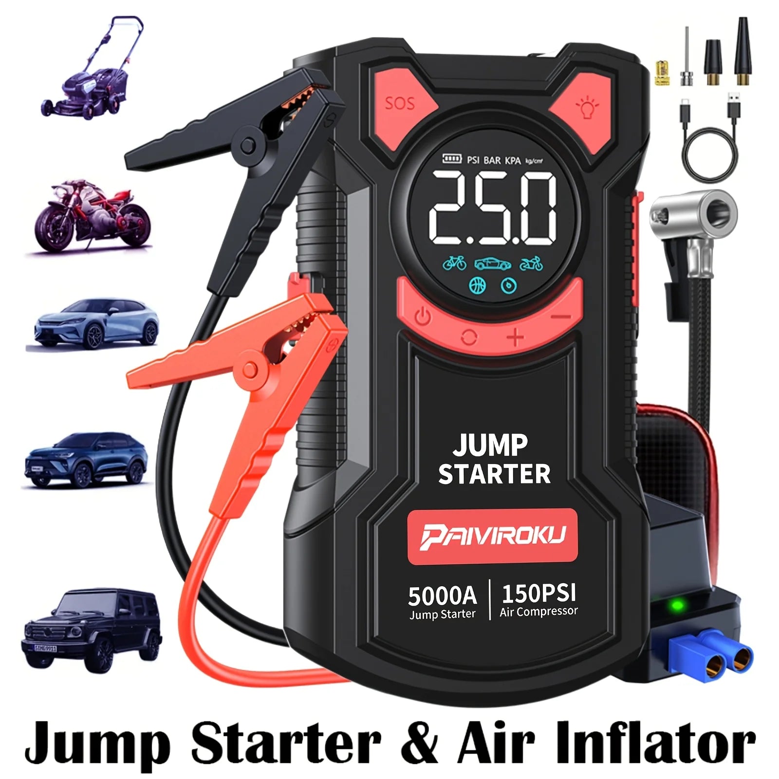 5 In 1 Jump Starter With Air Compressor | 5000A Peak 150 PSI Portable Jump Box