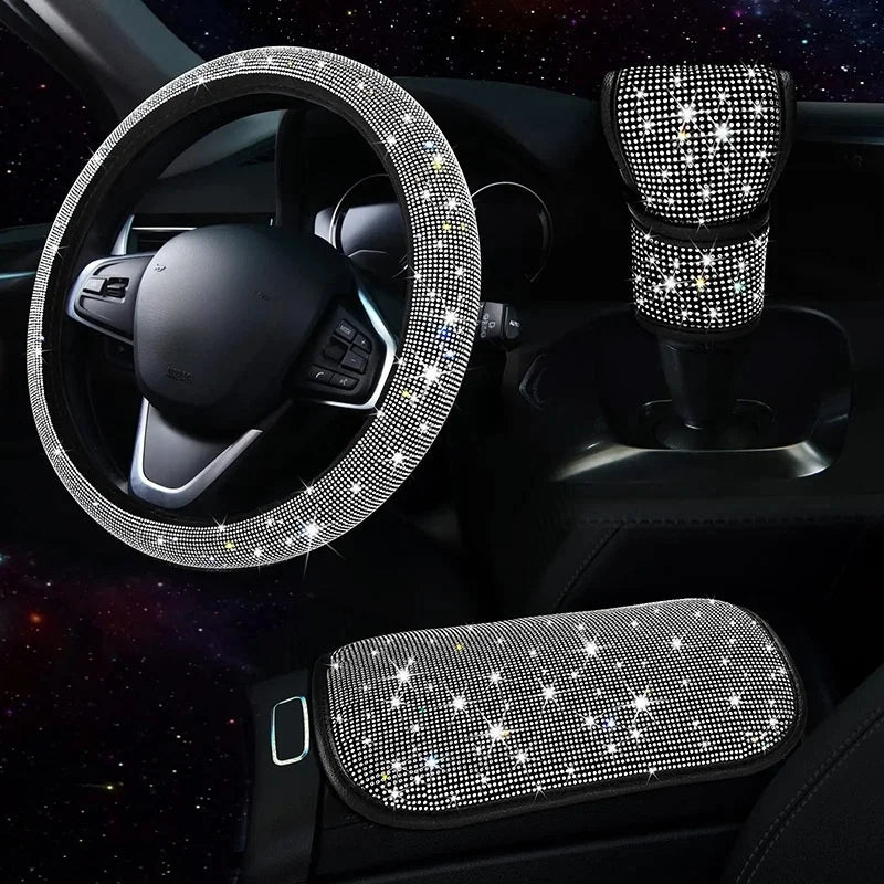 3Pcs Car Accessories Set for Women Steering Wheel Cover Gear Shift Cover Armrest Pad Mat Bling Auto