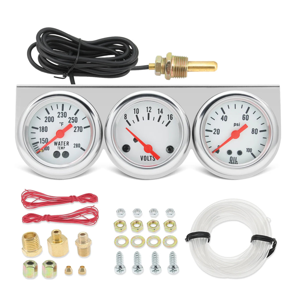 3 in 1 Car Meter Kit 52mm Voltmeter Water Temp Oil Press Black Chrome Bezel Triple Ga alternate view