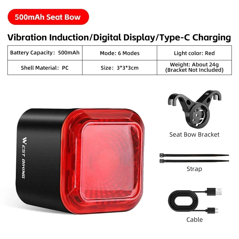 WEST BIKING Bike Tail Light Smart Sensing MTB Road Bike Rear Light IPX5 Waterproof Type- detail view