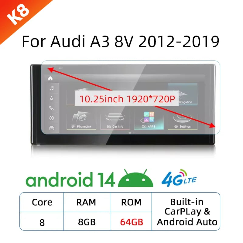 256GB For Audi A3 8V 2013-2020 GPS Wireless CarPlay Android Auto Car Multimedia Player N detail view
