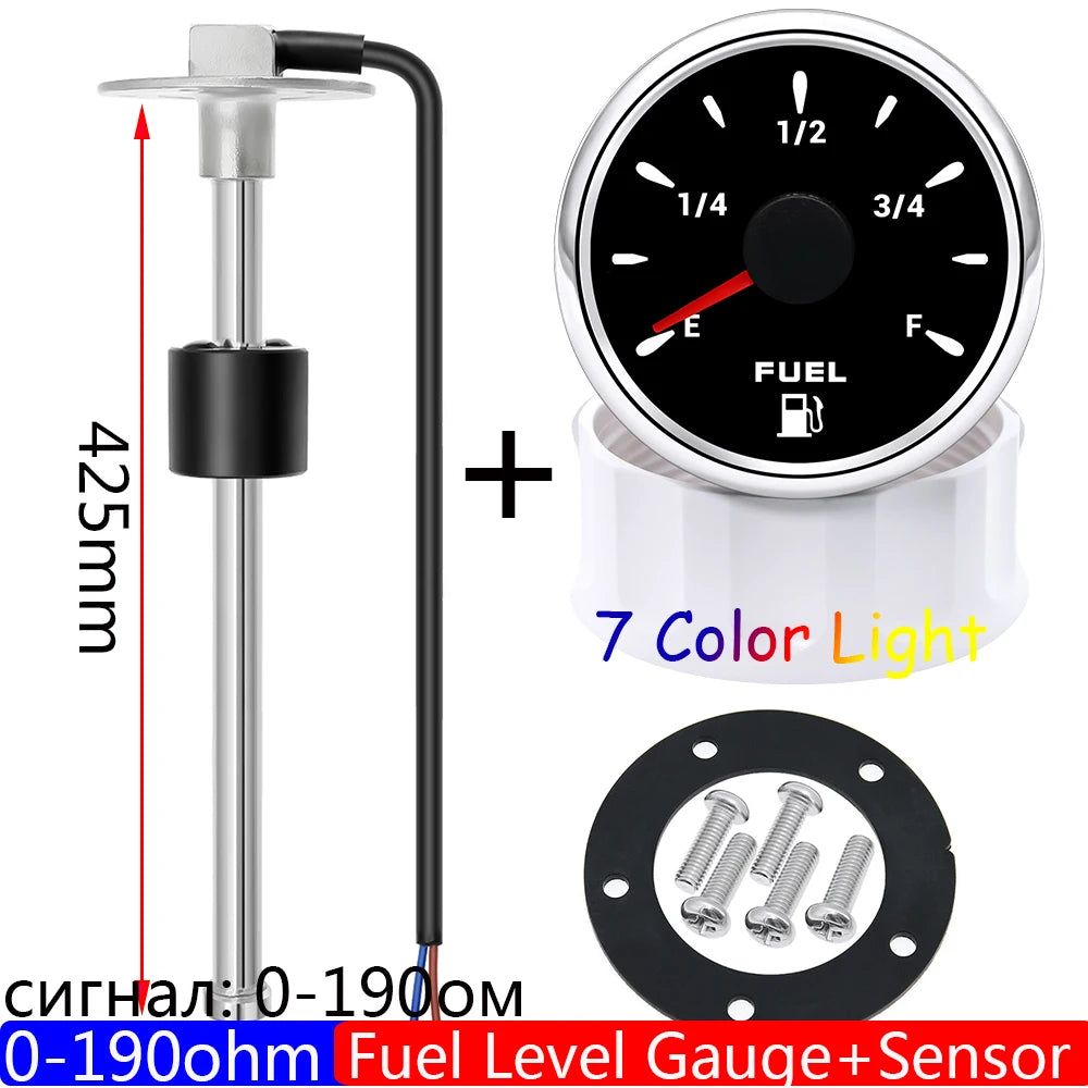 7 Color Light 2" 52mm Fuel Level Gauge with 0-190 Ohm Sensor for Marine RV Camper | Oi close-up view