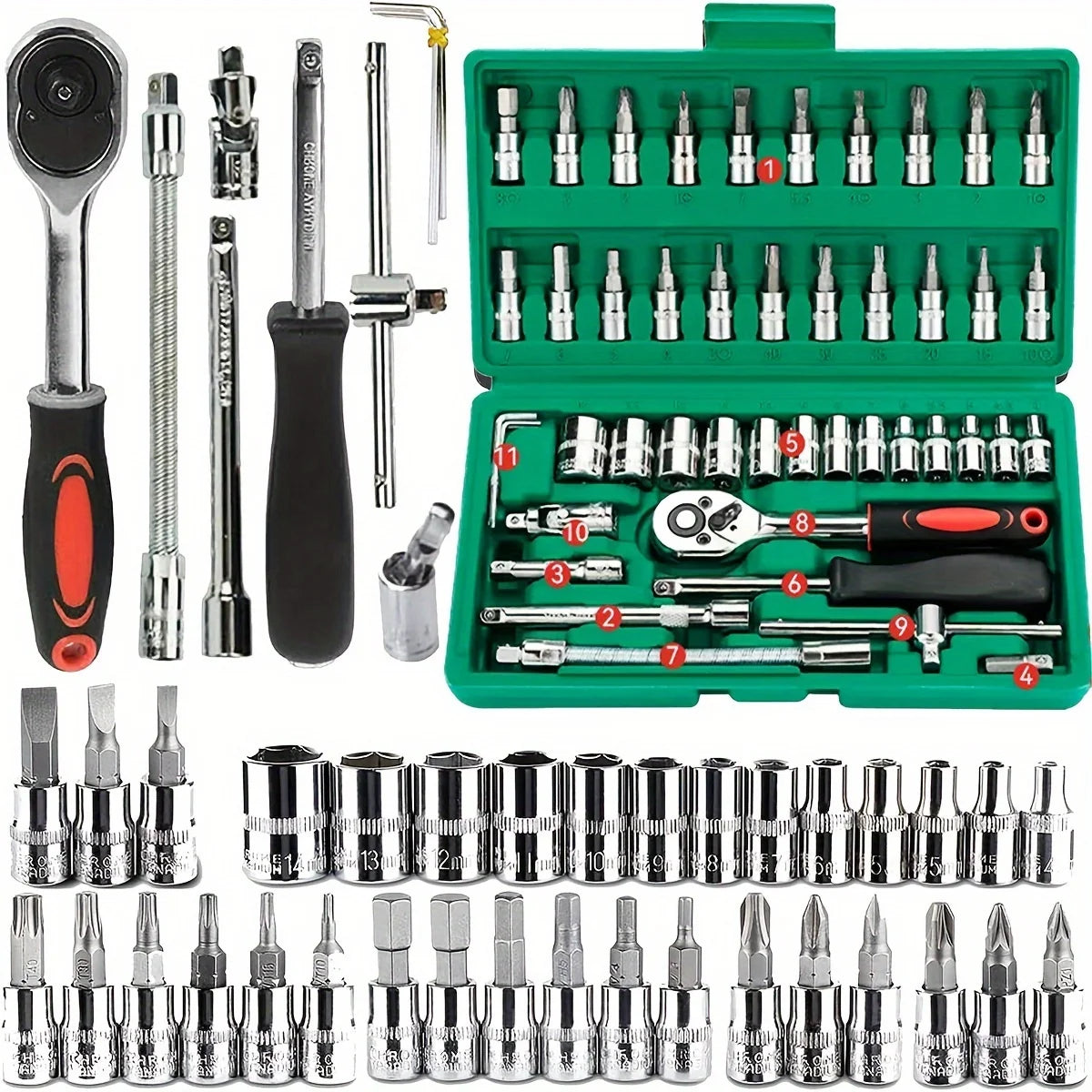46Pcs Family Tools 1/4 Set Mechanic Tool Kits for Auto Repair Hous with Sockets Metric Hex Bit Socke