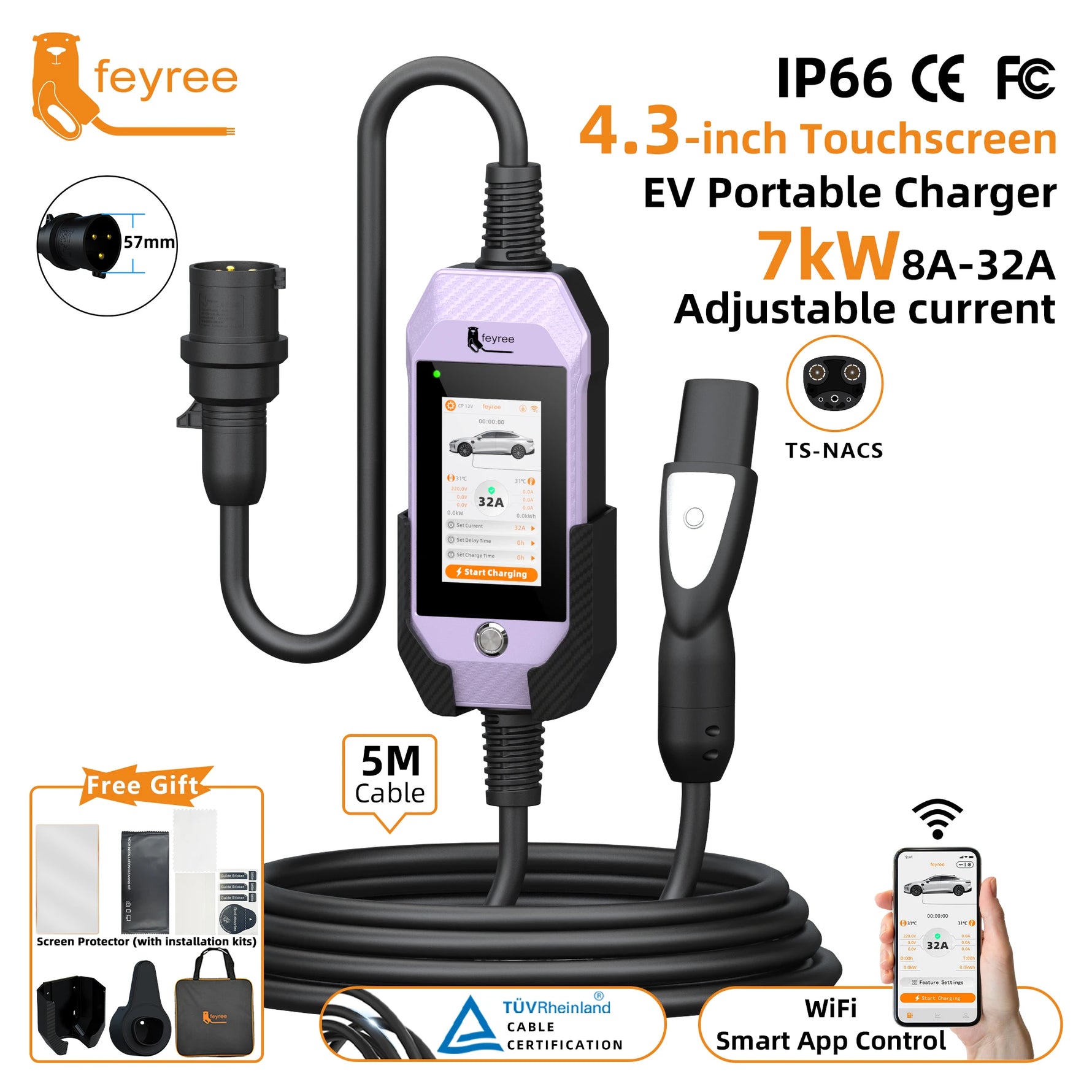 feyree 4.3 Inch Touch Screen Portable EV Charger | 7kW 32A Smart WiFi for Tesla additional angle