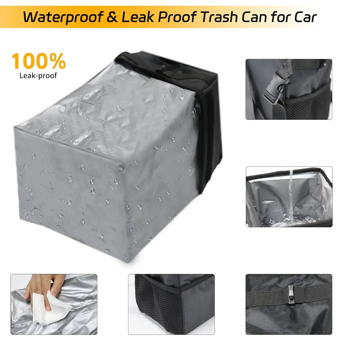 3-in-1 Car Trash Can with Lid & Waterproof Storage Bag detail view