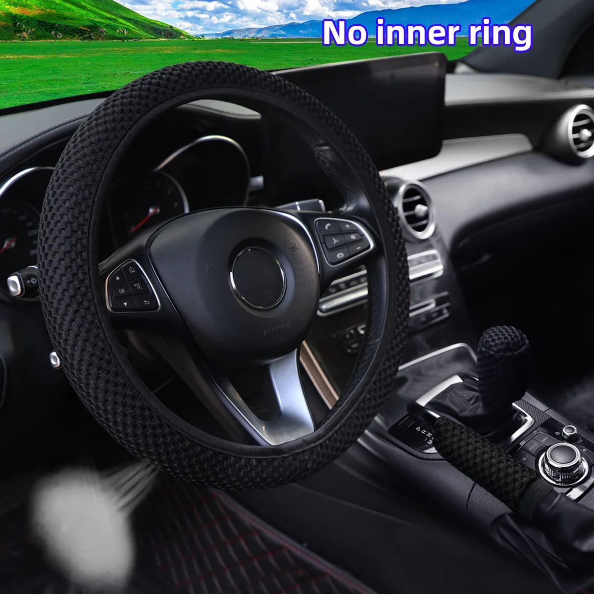 3 Car Massage Mesh Cloth Steering Wheel Cover Handbrake & Handle Cover Set Breathable lifestyle view