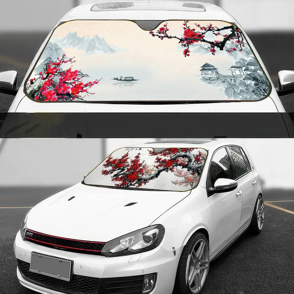 Chinese Plum Flower Sunshade Windscreen 3D Film Plaid Gift Novelty Car Front Window additional angle