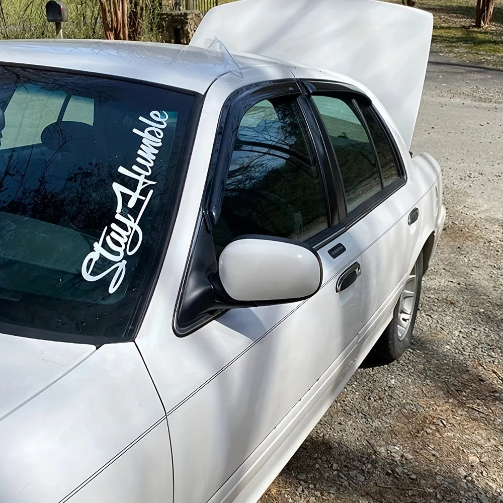 Stay Humble Windshield Decal - Large Funny Vinyl Sticker for Drift Cars & Trucks, Bump close-up view