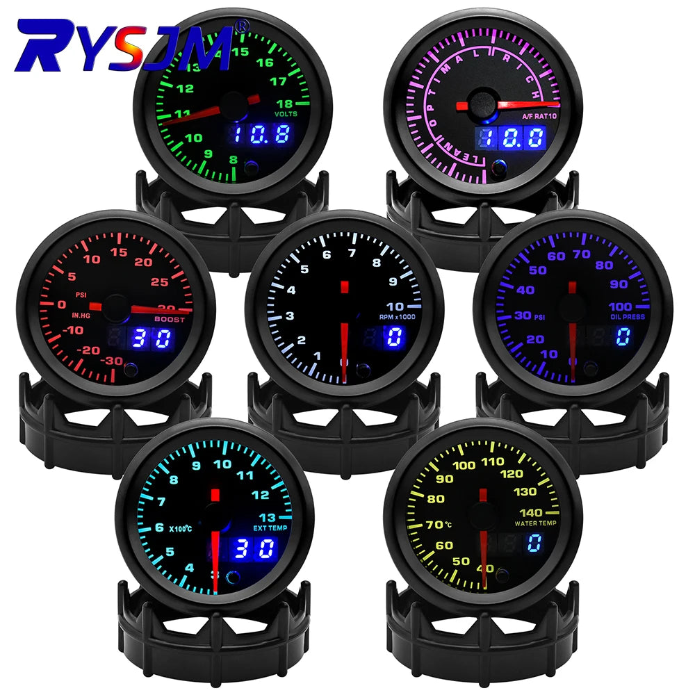 2" 52mm 7 Colors LED Dual Display Car Gauge Set | Boost Water Oil Temp Pressure Voltmeter