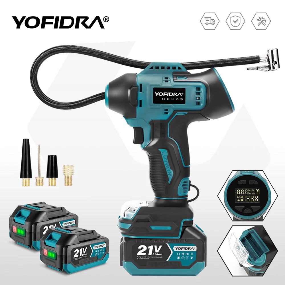 YOFIDRA Electric Air Pump Tire Inflator High Pressure Digital Display Multifunct Car Air Compressor Tool For Makita Battery Pin