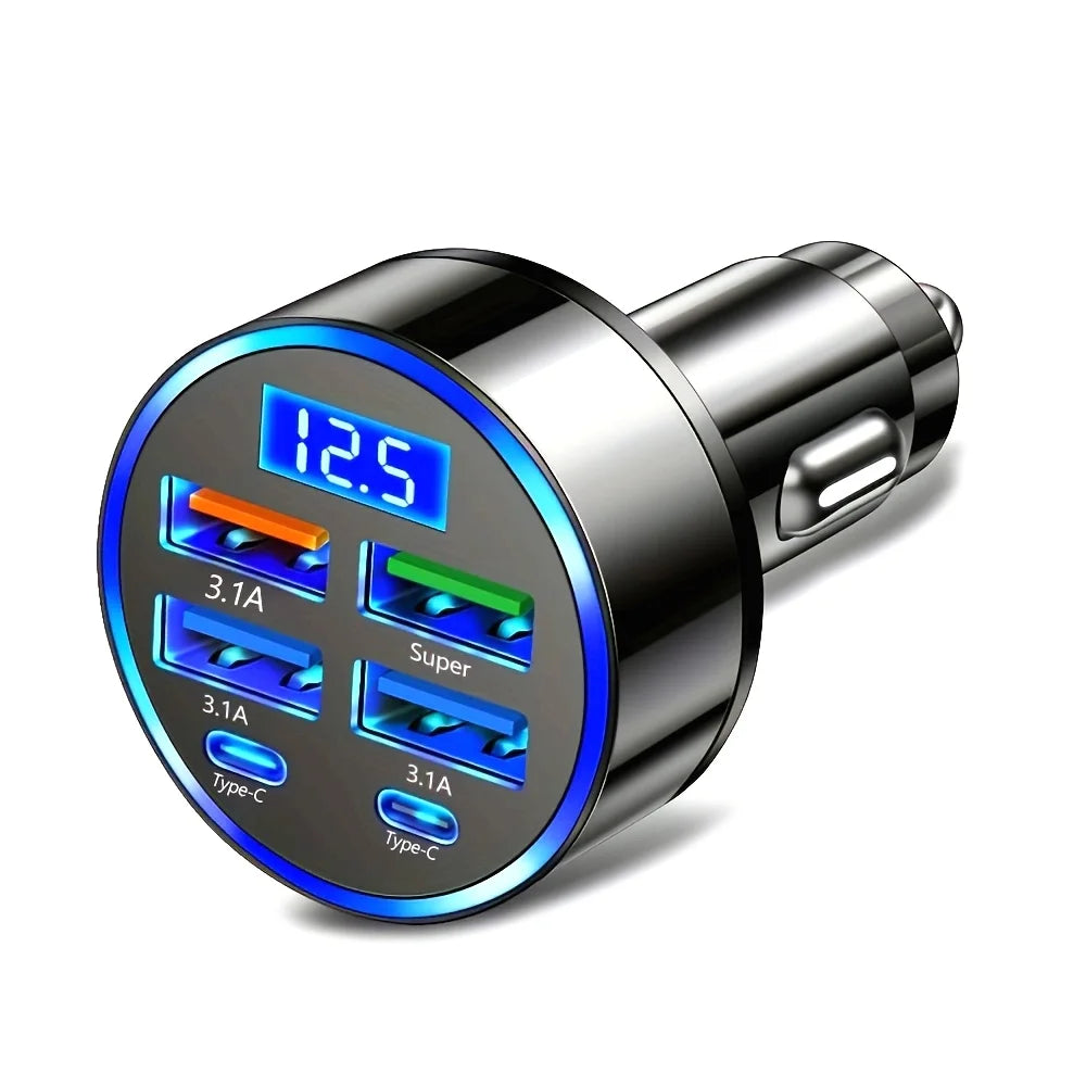 6-in-1 Fast Charging Car Adapter 3.1A Dual Type-C Digital Display Smartphones Tablets Power Banks Bl