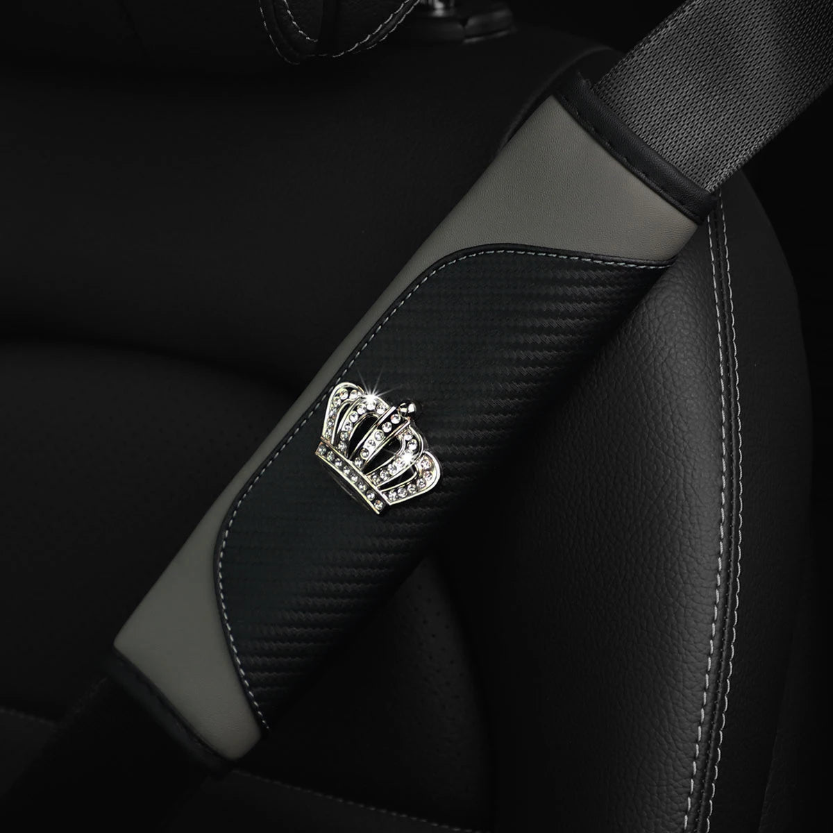 Diamond-Encrusted PU Carbon Fiber Leather Crown Car Shoulder Guard Safety Belt Decora lifestyle view